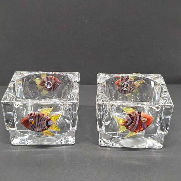 Crystal Glass Votive Candle Holder Murano Fish Accent Set Of 2 - Picture 4 of 8